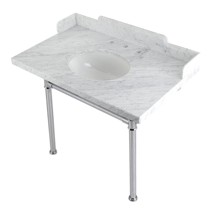 Kingston Tulare LMS3622M81ST - Wesselman 36-Inch Carrara Marble Console Sink with Stainless Steel Legs (8-Inch, 3-Hole), Carrara Marble White/Polished Chrome