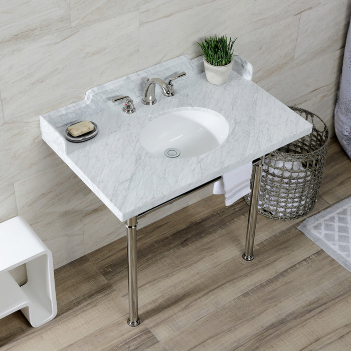 Kingston Tulare LMS3622M86ST - Wesselman 36-Inch Carrara Marble Console Sink with Stainless Steel Legs (8-Inch, 3-Hole), Carrara Marble White/Polished Nickel