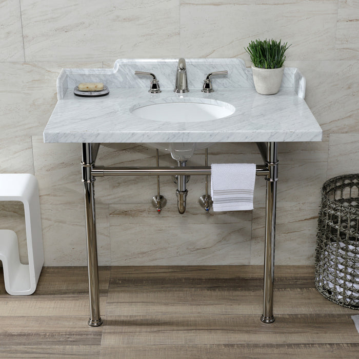 Kingston Tulare LMS3622M86ST - Wesselman 36-Inch Carrara Marble Console Sink with Stainless Steel Legs (8-Inch, 3-Hole), Carrara Marble White/Polished Nickel