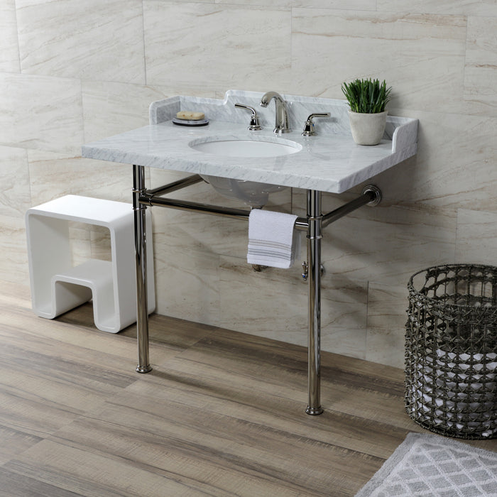 Kingston Tulare LMS3622M86ST - Wesselman 36-Inch Carrara Marble Console Sink with Stainless Steel Legs (8-Inch, 3-Hole), Carrara Marble White/Polished Nickel