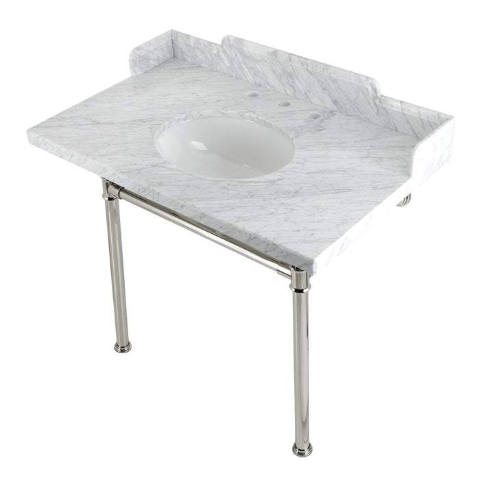 Kingston Tulare LMS3622M86ST - Wesselman 36-Inch Carrara Marble Console Sink with Stainless Steel Legs (8-Inch, 3-Hole), Carrara Marble White/Polished Nickel