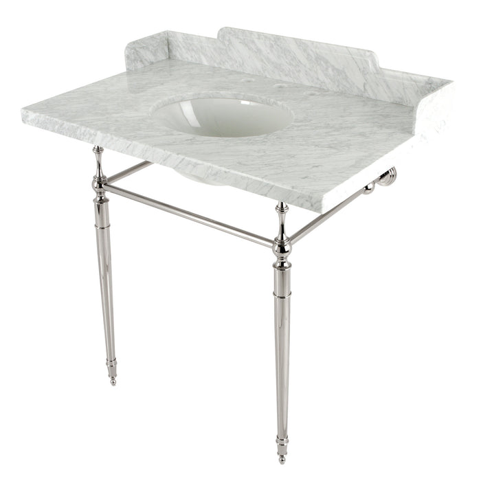 Kingston Heirloom LMS3622M86 - Habsburg 36-Inch Carrara Marble Console Sink with Brass Legs (8-Inch, 3-Hole), Carrara Marble White/Polished Nickel