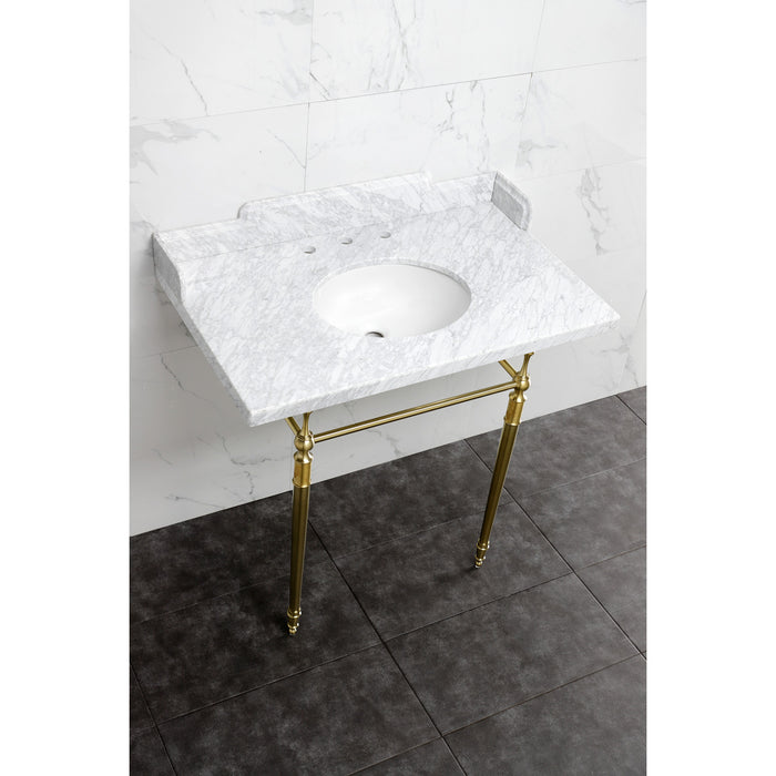 Kingston Heirloom LMS3622M87 - Habsburg 36-Inch Carrara Marble Console Sink with Brass Legs (8-Inch, 3-Hole), Carrara Marble White/Brushed Brass