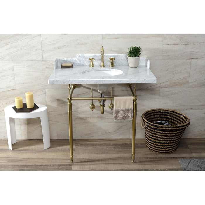 Kingston Heirloom LMS3622M87 - Habsburg 36-Inch Carrara Marble Console Sink with Brass Legs (8-Inch, 3-Hole), Carrara Marble White/Brushed Brass