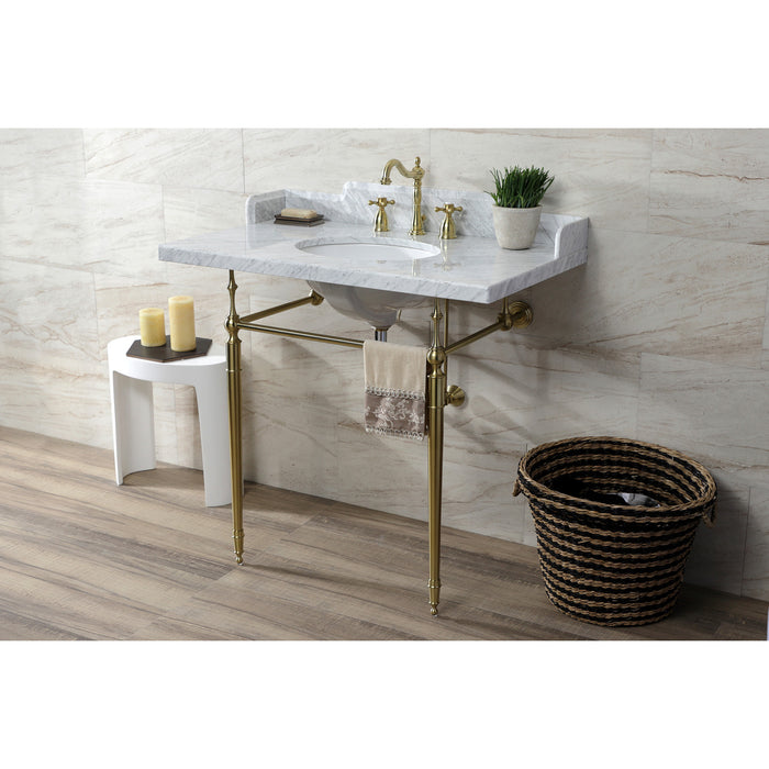 Kingston Heirloom LMS3622M87 - Habsburg 36-Inch Carrara Marble Console Sink with Brass Legs (8-Inch, 3-Hole), Carrara Marble White/Brushed Brass