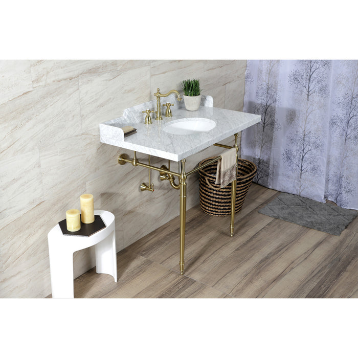 Kingston Heirloom LMS3622M87 - Habsburg 36-Inch Carrara Marble Console Sink with Brass Legs (8-Inch, 3-Hole), Carrara Marble White/Brushed Brass