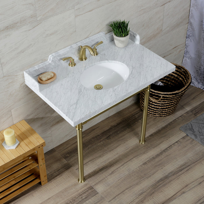Kingston Tulare LMS3622M87ST - Wesselman 36-Inch Carrara Marble Console Sink with Stainless Steel Legs (8-Inch, 3-Hole), Carrara Marble White/Brushed Brass