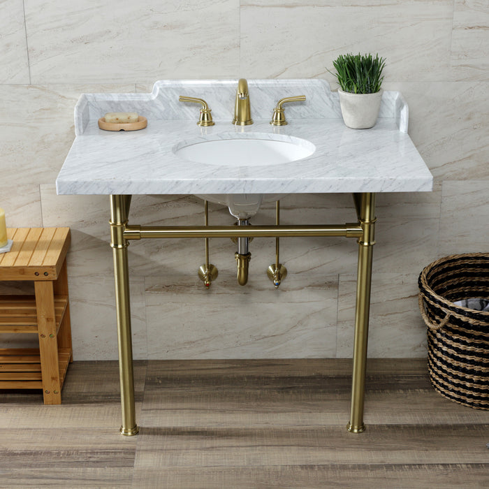 Kingston Tulare LMS3622M87ST - Wesselman 36-Inch Carrara Marble Console Sink with Stainless Steel Legs (8-Inch, 3-Hole), Carrara Marble White/Brushed Brass