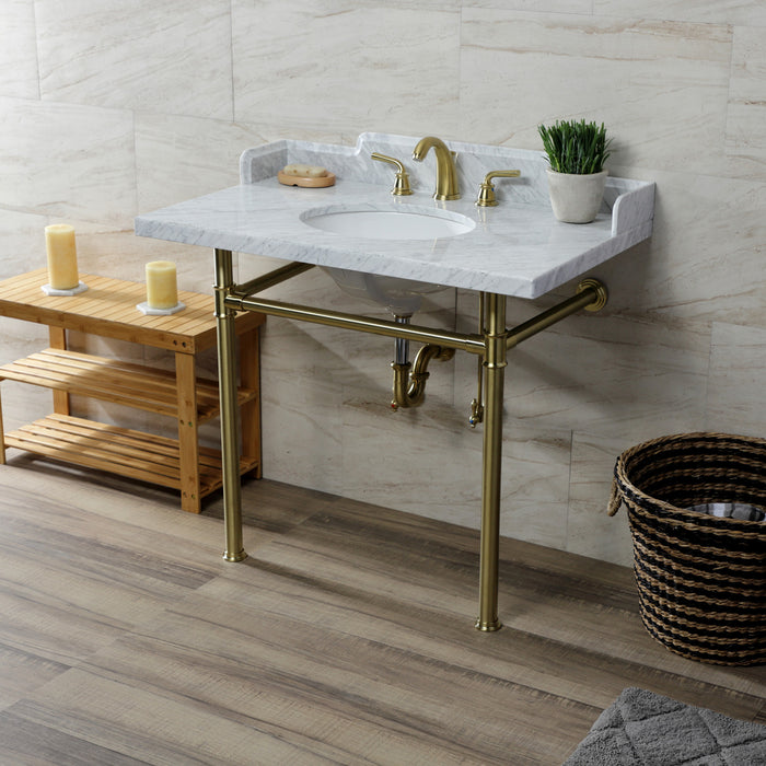 Kingston Tulare LMS3622M87ST - Wesselman 36-Inch Carrara Marble Console Sink with Stainless Steel Legs (8-Inch, 3-Hole), Carrara Marble White/Brushed Brass