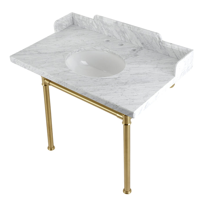 Kingston Tulare LMS3622M87ST - Wesselman 36-Inch Carrara Marble Console Sink with Stainless Steel Legs (8-Inch, 3-Hole), Carrara Marble White/Brushed Brass