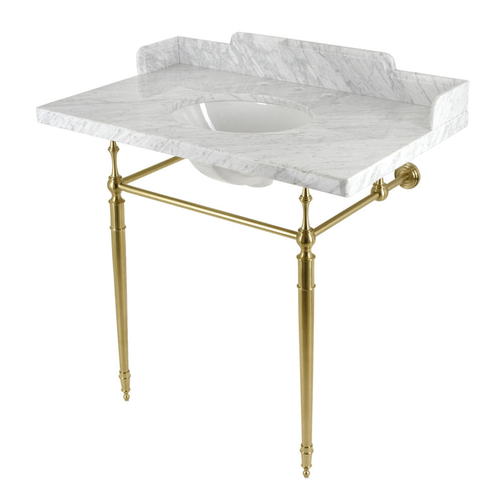 Kingston Heirloom LMS3622M87 - Habsburg 36-Inch Carrara Marble Console Sink with Brass Legs (8-Inch, 3-Hole), Carrara Marble White/Brushed Brass