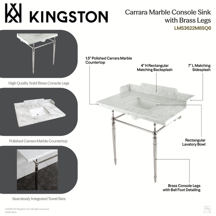 Kingston Heirloom LMS3622M8SQ0 - Habsburg 36-Inch Carrara Marble Console Sink with Brass Legs (8-Inch, 3-Hole), Carrara Marble White/Matte Black