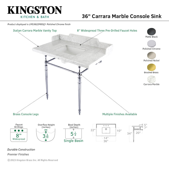 Kingston Heirloom LMS3622M8SQ0 - Habsburg 36-Inch Carrara Marble Console Sink with Brass Legs (8-Inch, 3-Hole), Carrara Marble White/Matte Black