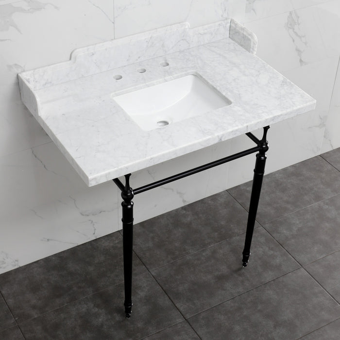 Kingston Heirloom LMS3622M8SQ0 - Habsburg 36-Inch Carrara Marble Console Sink with Brass Legs (8-Inch, 3-Hole), Carrara Marble White/Matte Black