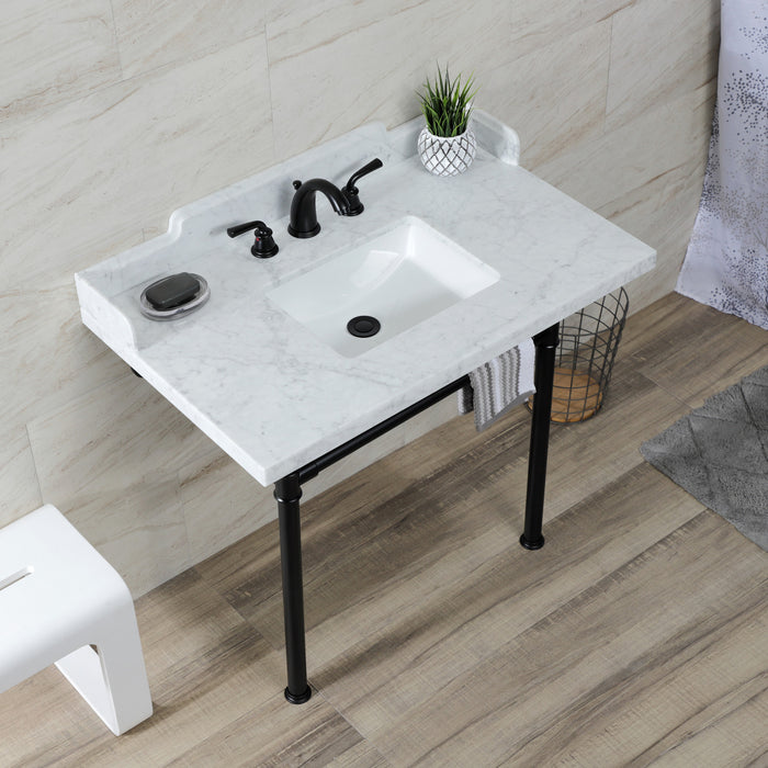 Kingston Tulare LMS3622M8SQ0ST - Wesselman 36-Inch Carrara Marble Console Sink with Stainless Steel Legs (8-Inch, 3-Hole), Carrara Marble White/Matte Black