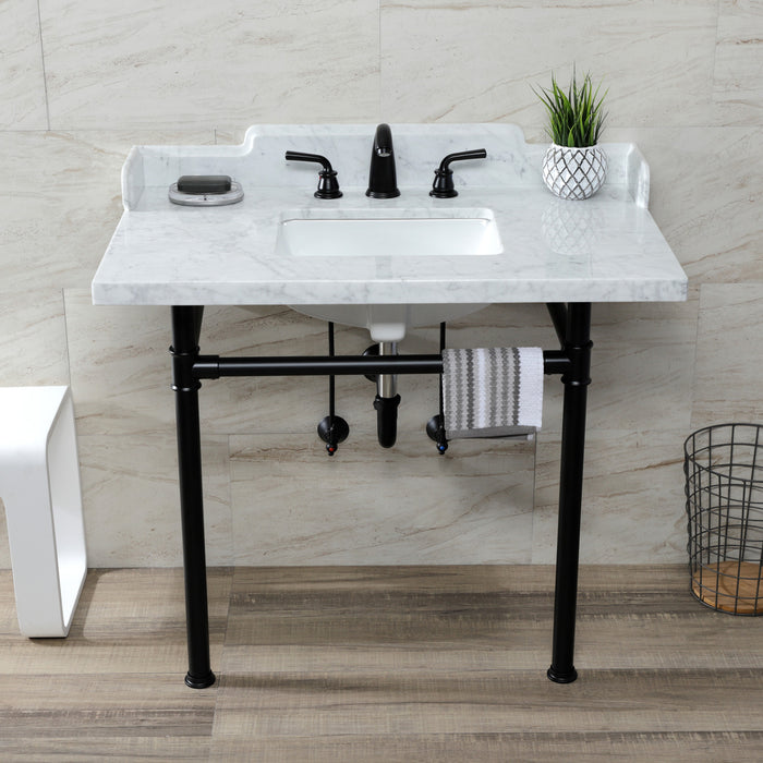 Kingston Tulare LMS3622M8SQ0ST - Wesselman 36-Inch Carrara Marble Console Sink with Stainless Steel Legs (8-Inch, 3-Hole), Carrara Marble White/Matte Black