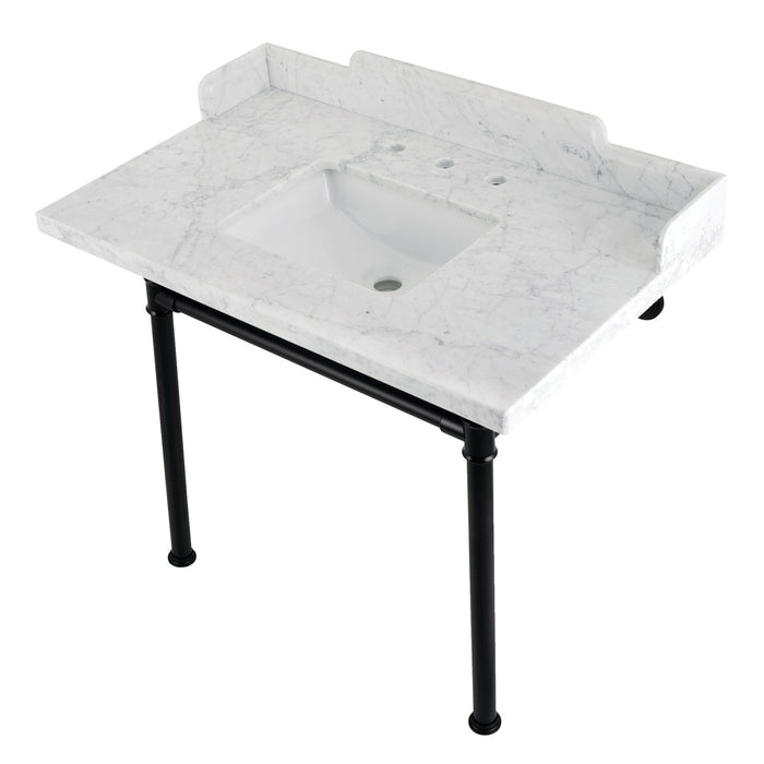 Kingston Tulare LMS3622M8SQ0ST - Wesselman 36-Inch Carrara Marble Console Sink with Stainless Steel Legs (8-Inch, 3-Hole), Carrara Marble White/Matte Black