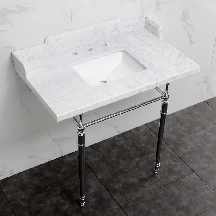 Kingston Heirloom LMS3622M8SQ1 - Habsburg 36-Inch Carrara Marble Console Sink with Brass Legs (8-Inch, 3-Hole), Carrara Marble White/Polished Chrome