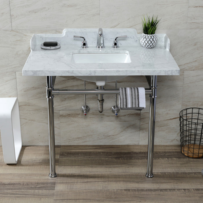 Kingston Tulare LMS3622M8SQ1ST - Wesselman 36-Inch Carrara Marble Console Sink with Stainless Steel Legs (8-Inch, 3-Hole), Carrara Marble White/Polished Chrome