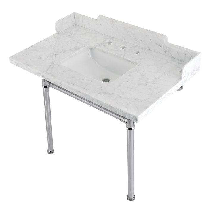 Kingston Tulare LMS3622M8SQ1ST - Wesselman 36-Inch Carrara Marble Console Sink with Stainless Steel Legs (8-Inch, 3-Hole), Carrara Marble White/Polished Chrome