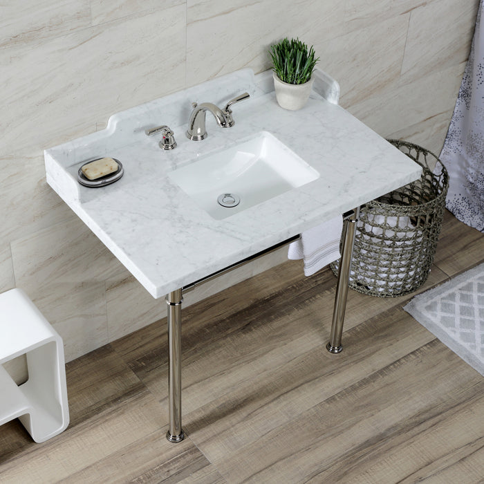 Kingston Tulare LMS3622M8SQ6ST - Wesselman 36-Inch Carrara Marble Console Sink with Stainless Steel Legs (8-Inch, 3-Hole), Carrara Marble White/Polished Nickel