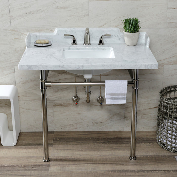 Kingston Tulare LMS3622M8SQ6ST - Wesselman 36-Inch Carrara Marble Console Sink with Stainless Steel Legs (8-Inch, 3-Hole), Carrara Marble White/Polished Nickel