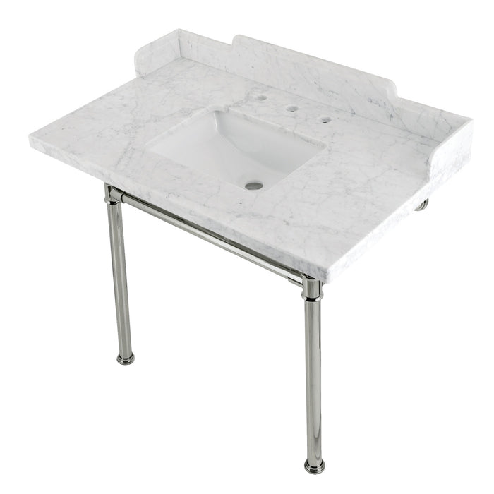 Kingston Tulare LMS3622M8SQ6ST - Wesselman 36-Inch Carrara Marble Console Sink with Stainless Steel Legs (8-Inch, 3-Hole), Carrara Marble White/Polished Nickel