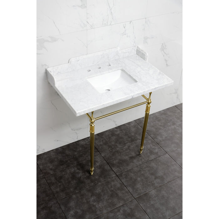 Kingston Heirloom LMS3622M8SQ7 - Habsburg 36-Inch Carrara Marble Console Sink with Brass Legs (8-Inch, 3-Hole), Carrara Marble White/Brushed Brass