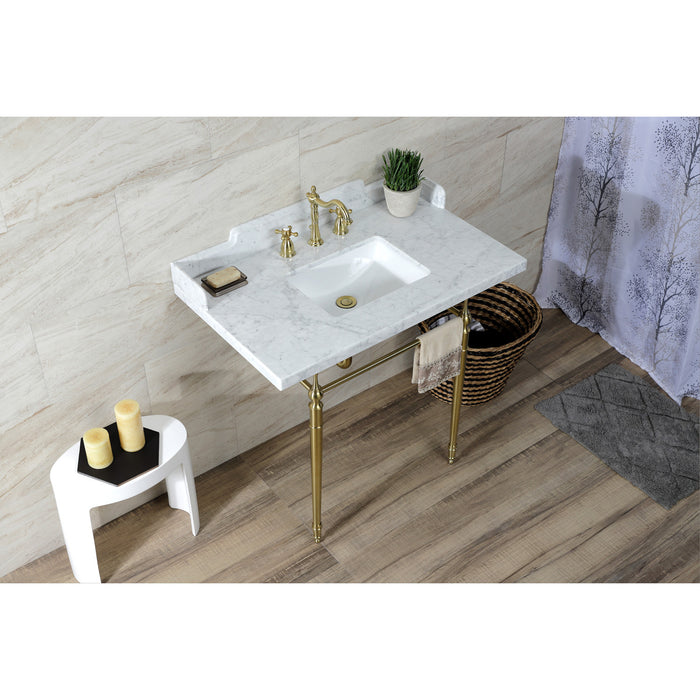 Kingston Heirloom LMS3622M8SQ7 - Habsburg 36-Inch Carrara Marble Console Sink with Brass Legs (8-Inch, 3-Hole), Carrara Marble White/Brushed Brass