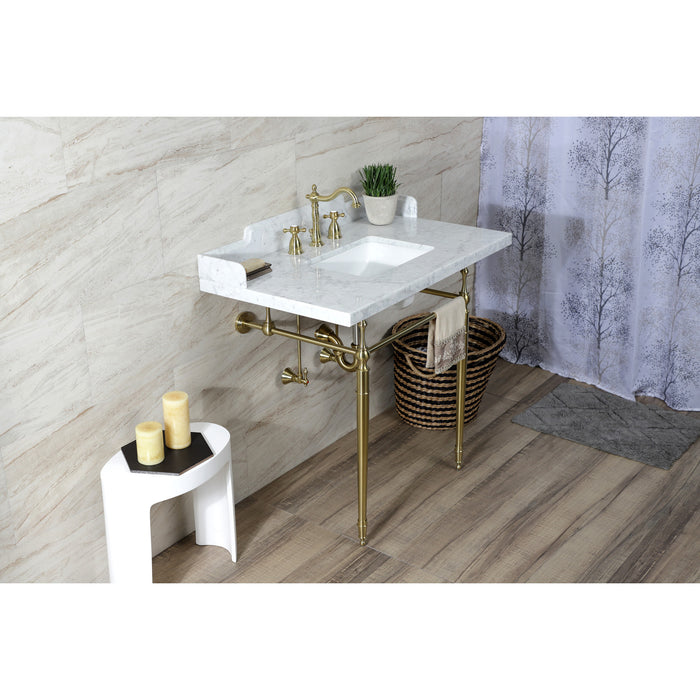 Kingston Heirloom LMS3622M8SQ7 - Habsburg 36-Inch Carrara Marble Console Sink with Brass Legs (8-Inch, 3-Hole), Carrara Marble White/Brushed Brass