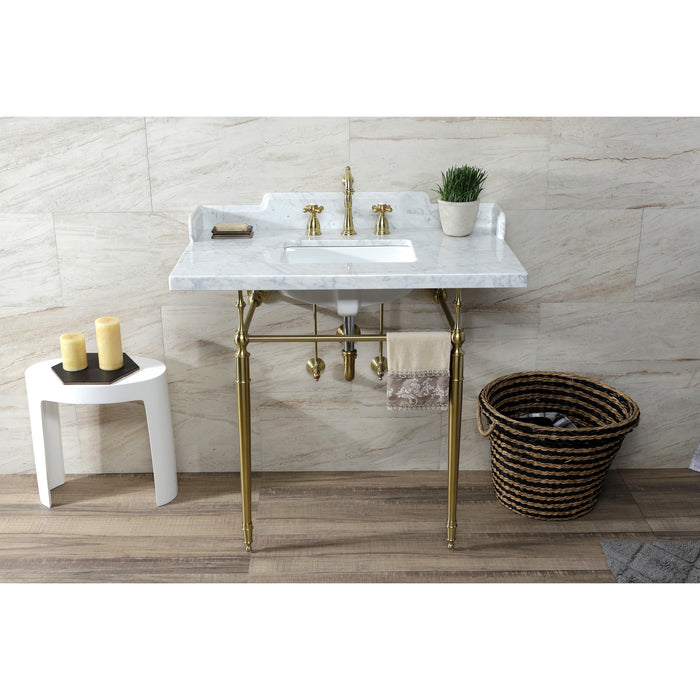 Kingston Heirloom LMS3622M8SQ7 - Habsburg 36-Inch Carrara Marble Console Sink with Brass Legs (8-Inch, 3-Hole), Carrara Marble White/Brushed Brass