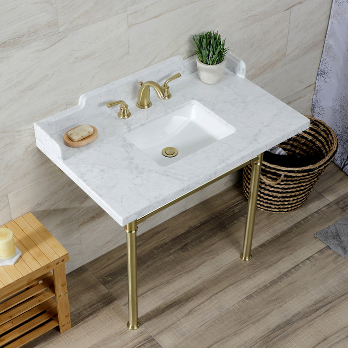 Kingston Tulare LMS3622M8SQ7ST - Wesselman 36-Inch Carrara Marble Console Sink with Stainless Steel Legs (8-Inch, 3-Hole), Carrara Marble White/Brushed Brass