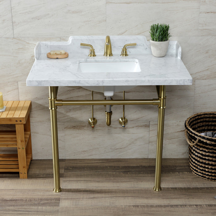 Kingston Tulare LMS3622M8SQ7ST - Wesselman 36-Inch Carrara Marble Console Sink with Stainless Steel Legs (8-Inch, 3-Hole), Carrara Marble White/Brushed Brass
