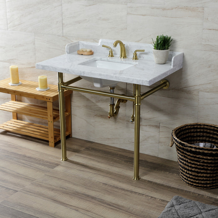 Kingston Tulare LMS3622M8SQ7ST - Wesselman 36-Inch Carrara Marble Console Sink with Stainless Steel Legs (8-Inch, 3-Hole), Carrara Marble White/Brushed Brass