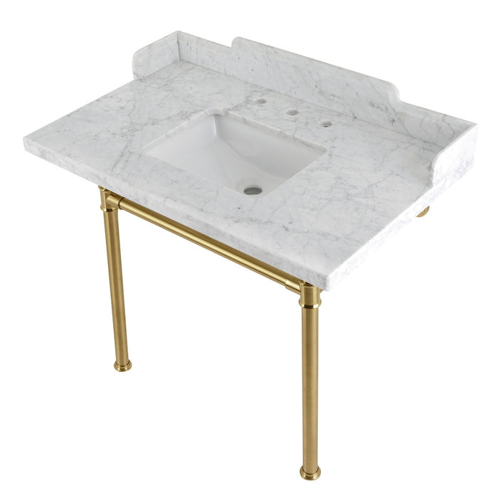 Kingston Tulare LMS3622M8SQ7ST - Wesselman 36-Inch Carrara Marble Console Sink with Stainless Steel Legs (8-Inch, 3-Hole), Carrara Marble White/Brushed Brass