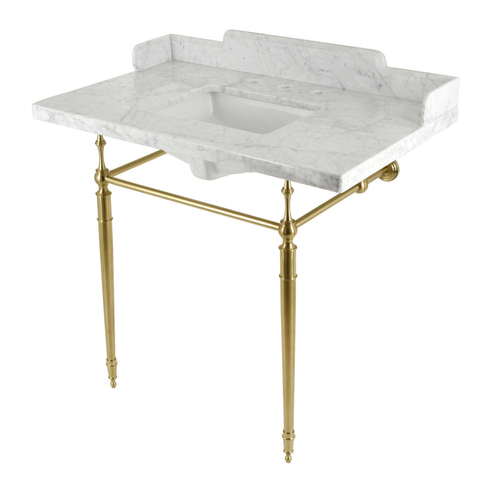 Kingston Heirloom LMS3622M8SQ7 - Habsburg 36-Inch Carrara Marble Console Sink with Brass Legs (8-Inch, 3-Hole), Carrara Marble White/Brushed Brass