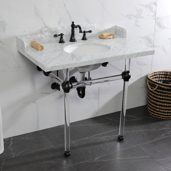 Pemberton LMS3630MA0 36-Inch Carrara Marble Console Sink with Acrylic Legs (8-Inch, 3-Hole), Carrara Marble White/Matte Black