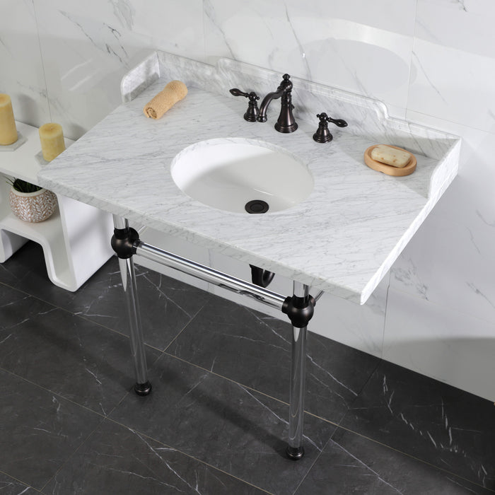 Pemberton LMS3630MA5 36-Inch Carrara Marble Console Sink with Acrylic Legs (8-Inch, 3-Hole), Carrara Marble White/Oil Rubbed Bronze