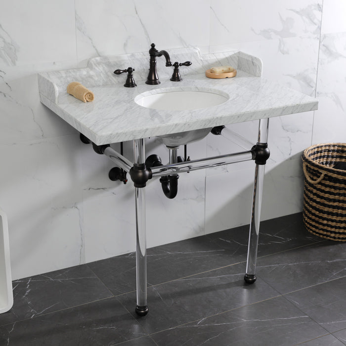 Pemberton LMS3630MA5 36-Inch Carrara Marble Console Sink with Acrylic Legs (8-Inch, 3-Hole), Carrara Marble White/Oil Rubbed Bronze
