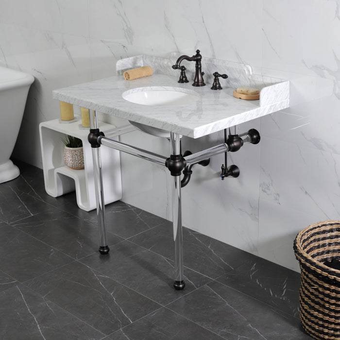 Pemberton LMS3630MA5 36-Inch Carrara Marble Console Sink with Acrylic Legs (8-Inch, 3-Hole), Carrara Marble White/Oil Rubbed Bronze