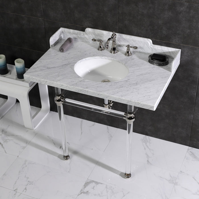 Pemberton LMS3630MA6 36-Inch Carrara Marble Console Sink with Acrylic Legs (8-Inch, 3-Hole), Carrara Marble White/Polished Nickel