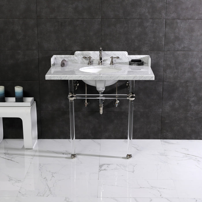 Pemberton LMS3630MA6 36-Inch Carrara Marble Console Sink with Acrylic Legs (8-Inch, 3-Hole), Carrara Marble White/Polished Nickel