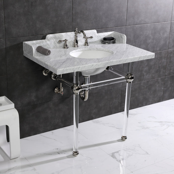 Pemberton LMS3630MA6 36-Inch Carrara Marble Console Sink with Acrylic Legs (8-Inch, 3-Hole), Carrara Marble White/Polished Nickel