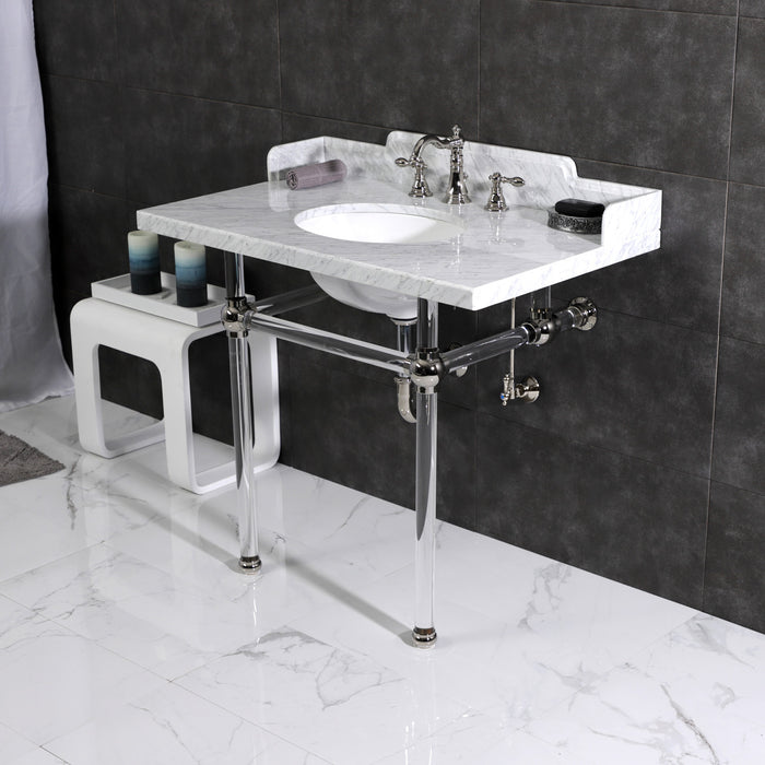 Pemberton LMS3630MA6 36-Inch Carrara Marble Console Sink with Acrylic Legs (8-Inch, 3-Hole), Carrara Marble White/Polished Nickel