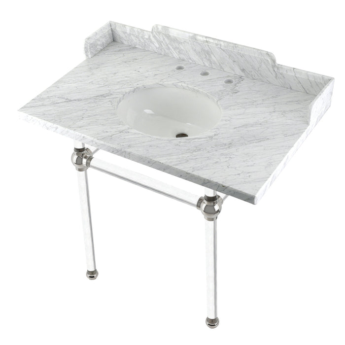 Pemberton LMS3630MA6 36-Inch Carrara Marble Console Sink with Acrylic Legs (8-Inch, 3-Hole), Carrara Marble White/Polished Nickel