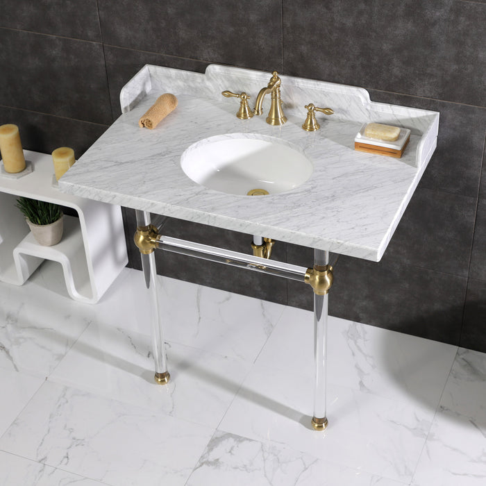 Pemberton LMS3630MA7 36-Inch Carrara Marble Console Sink with Acrylic Legs (8-Inch, 3-Hole), Carrara Marble White/Brushed Brass