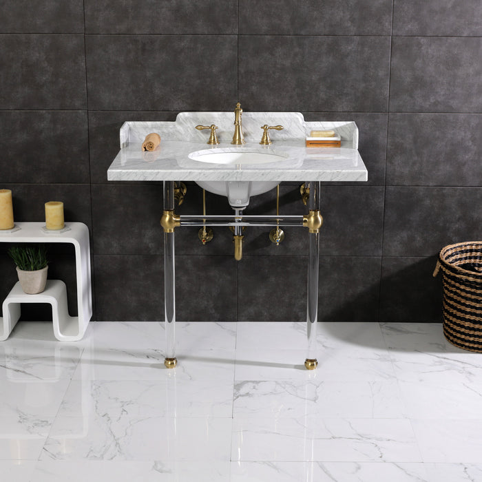 Pemberton LMS3630MA7 36-Inch Carrara Marble Console Sink with Acrylic Legs (8-Inch, 3-Hole), Carrara Marble White/Brushed Brass