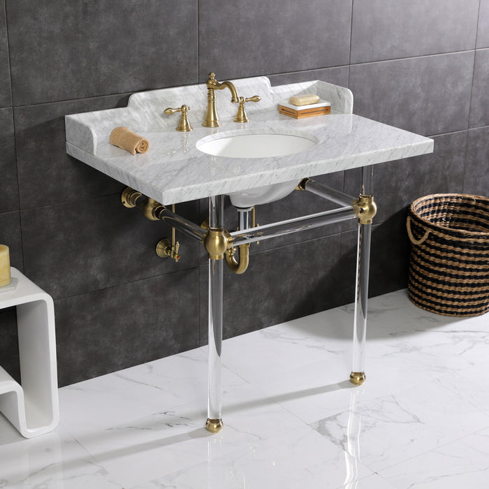 Pemberton LMS3630MA7 36-Inch Carrara Marble Console Sink with Acrylic Legs (8-Inch, 3-Hole), Carrara Marble White/Brushed Brass