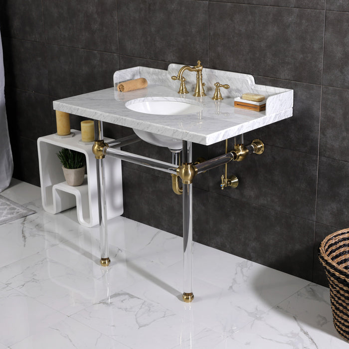 Pemberton LMS3630MA7 36-Inch Carrara Marble Console Sink with Acrylic Legs (8-Inch, 3-Hole), Carrara Marble White/Brushed Brass