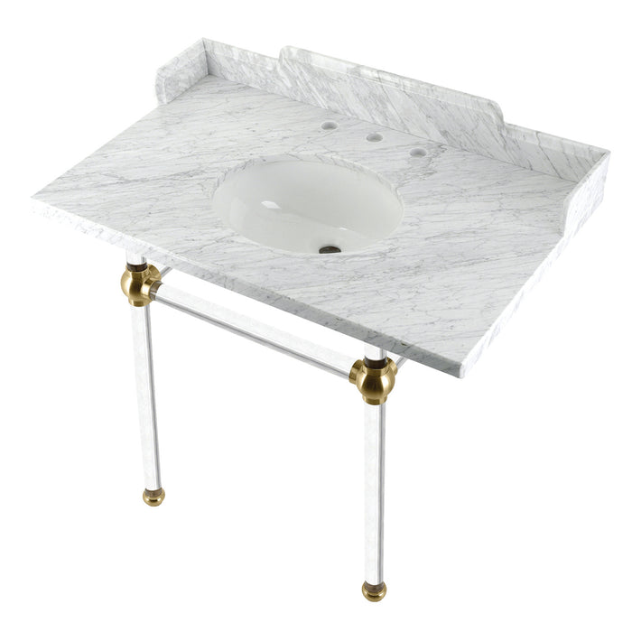 Pemberton LMS3630MA7 36-Inch Carrara Marble Console Sink with Acrylic Legs (8-Inch, 3-Hole), Carrara Marble White/Brushed Brass